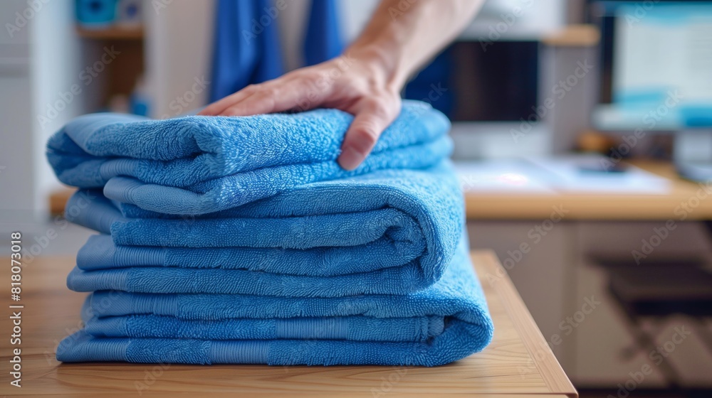 Hand Folding Blue Towels in Household Setting with Background of Office Space, Perfect for Home Organization and Cleaning Themes, Bright and Clean Look for Domestic Chores and Laundry Concepts Hand Folding Blue Towels in Household Setting with Background of Office Space, Perfect for Home Organization and Cleaning Themes, Bright and Clean Look for Domestic Chores and Laundry Concepts