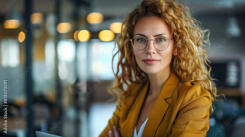 Confident Businesswoman In Modern Office Setting With Stylish Glasses And Curly Hair Focused On Digital Work Confident Businesswoman In Modern Office Setting With Stylish Glasses And Curly Hair Focused On Digital Work