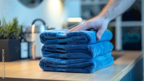 Hand Placing Folded Blue Towels On Wooden Table In Modern Home Interior  Organized Cleanliness  Cozy Home Decor  Soft Cotton Texture  Personal Care