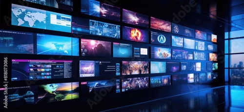 A bank of monitors showing a diverse range of images and videos.
