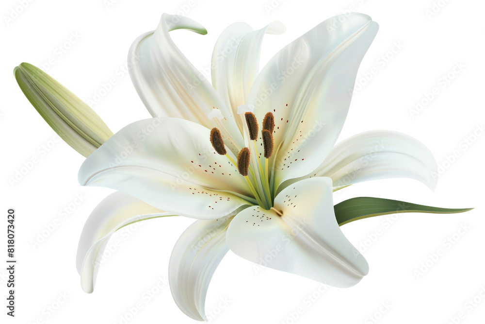 Obraz premium A white lily in full bloom with its petals unfurling, isolated on a white background