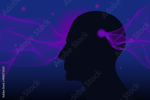 Illustration of Brain wave pattern passing through a human head