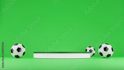 3D Render Soccer balls with podium on green background. Product display stage	