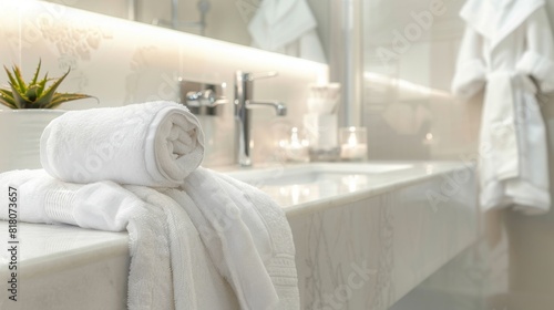 A white towel neatly placed on a counter in a bathroom, ready for use after washing up.