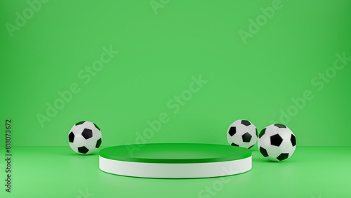 3D Render Soccer balls with podium on green background. Product display stage	