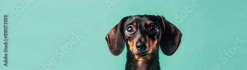 Captivating Closeup of a Curious Dachshund Pup Against a Vibrant Mint Green Backdrop photo