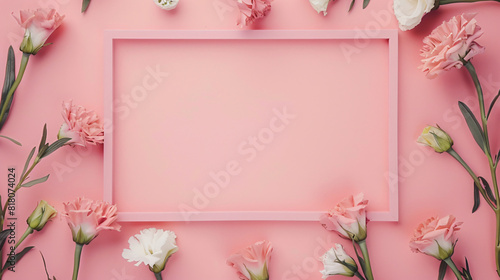 Empty frame with eustoma flowers on color background -