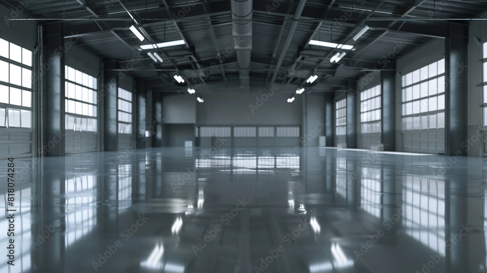 Modern warehouse featuring a large spotless area with a shiny reflective floor creating a bright and airy atmosphere Modern warehouse featuring a large spotless area with a shiny reflective floor creating a bright and airy atmosphere