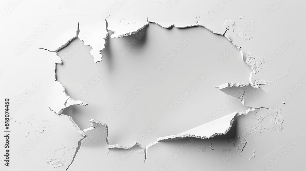 jagged hole torn through blank white wall isolated cutout abstract damage concept