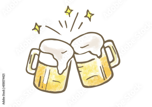 ビールジョッキで乾杯！の手描きイラスト