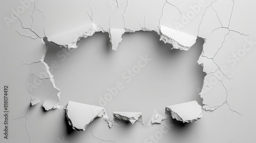 jagged hole torn through blank white wall isolated cutout abstract damage concept photo