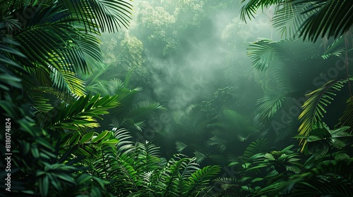 Tropical rainforest scene with dense foliage and mist  capturing the lush and humid atmosphere