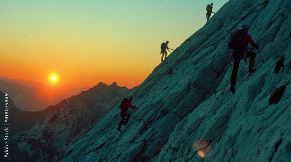 group of people with helmets and harnesses climbing a mountain on a cloudy dawn in high resolution and high quality. landscape concept,climb,group,people,sunrise,security,adventure,sports