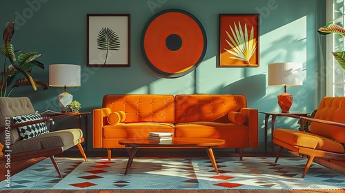Mid-century modern living room with iconic furniture pieces, geometric patterns, and a warm color palette, stylish and retro