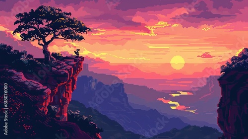 A pixel art landscape featuring a sunset over a mountainous terrain, combining retro charm with modern appeal