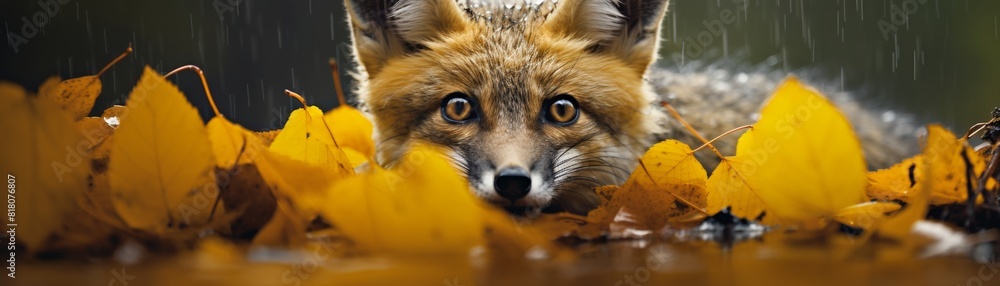 Fototapeta premium A red fox peeks out from behind a pile of fallen yellow leaves in the forest. 