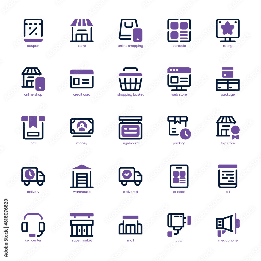 Shopping and Store icon pack for your website, mobile, presentation, and logo design. Shopping and Store icon dual tone design. Vector graphics illustration and editable stroke.
