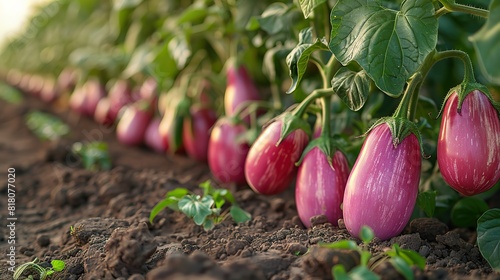 A field of vibrant purple eggplants growing in a sunny garden.