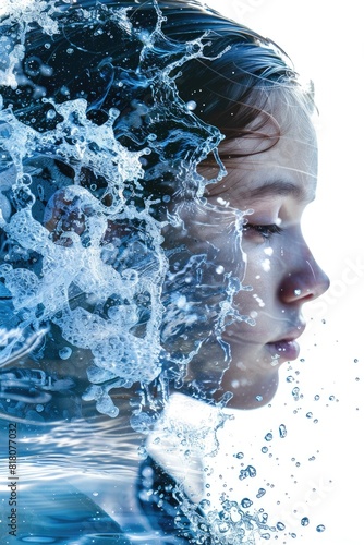 Serene Woman Submerged in Clear Water with Splashes