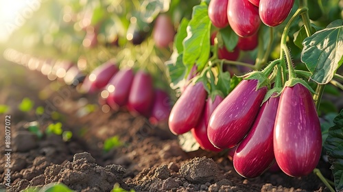 A field of vibrant purple eggplants growing in a sunny garden. photo