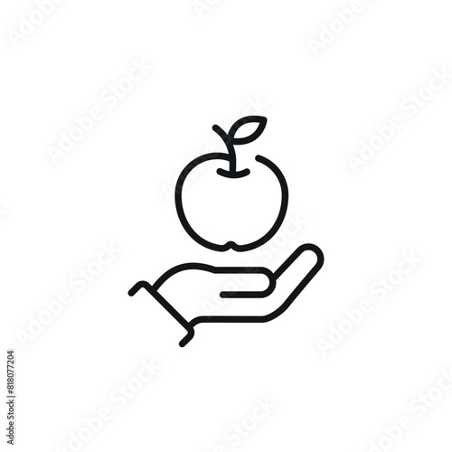 Healthy food. Hand with apple linear icon. Thin line customizable illustration. Contour symbol. Vector isolated outline drawing. Editable stroke