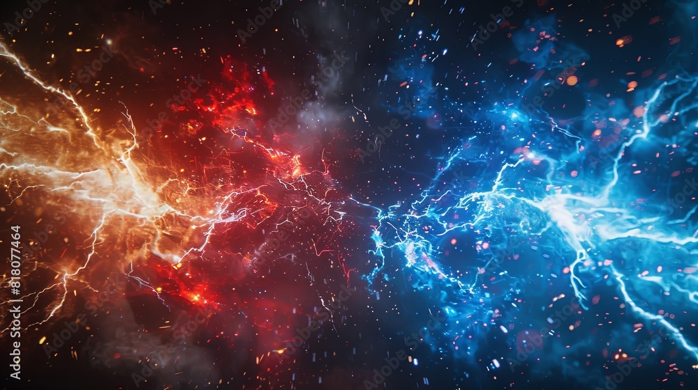 Red and blue lightning sparks in the background Red and blue lightning sparks in the background