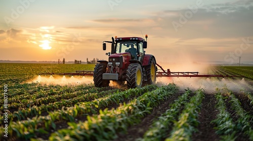 A tractor spraying water over a field of young crops.