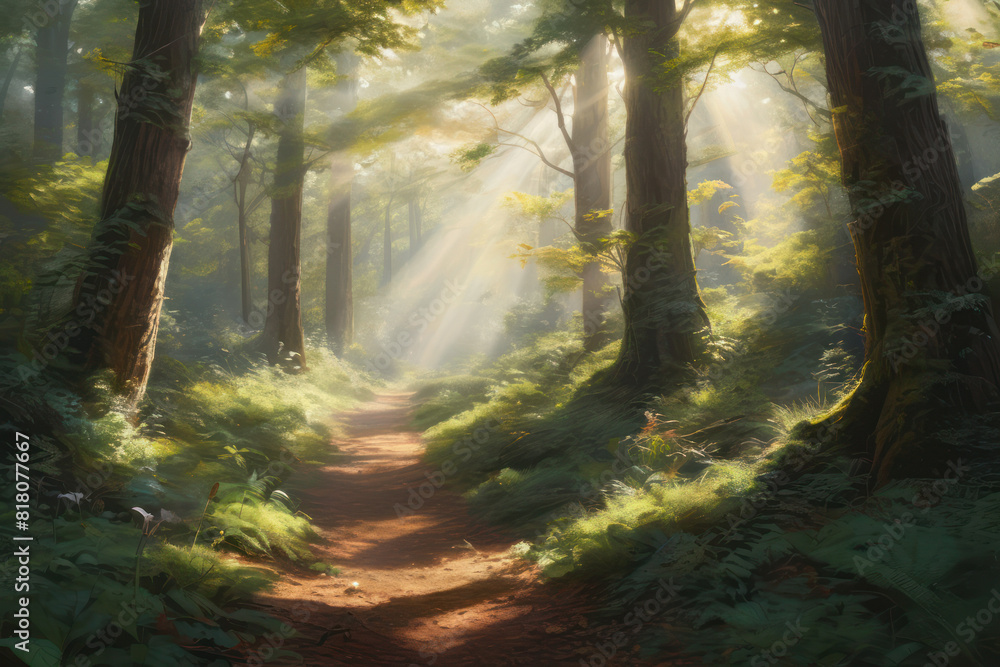 sunlit path winding through a forest, with sunbeams filtering through the trees sunlit path winding through a forest, with sunbeams filtering through the trees