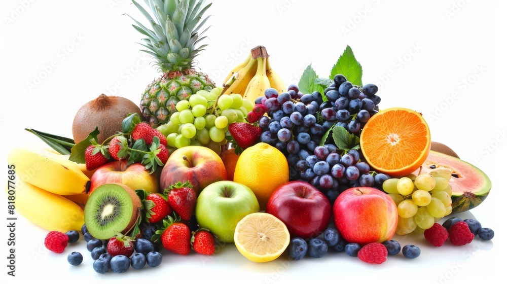 A variety of fruits are arranged in a colorful and visually appealing display.