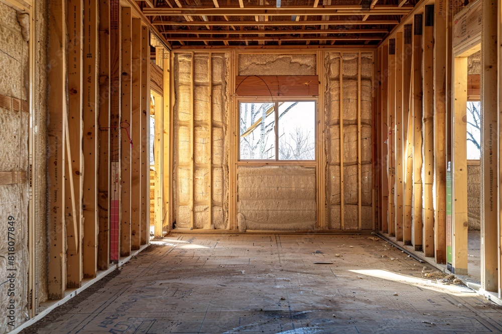 A room with wooden framing and multiple windows, devoid of any furniture or occupants A room with wooden framing and multiple windows, devoid of any furniture or occupants