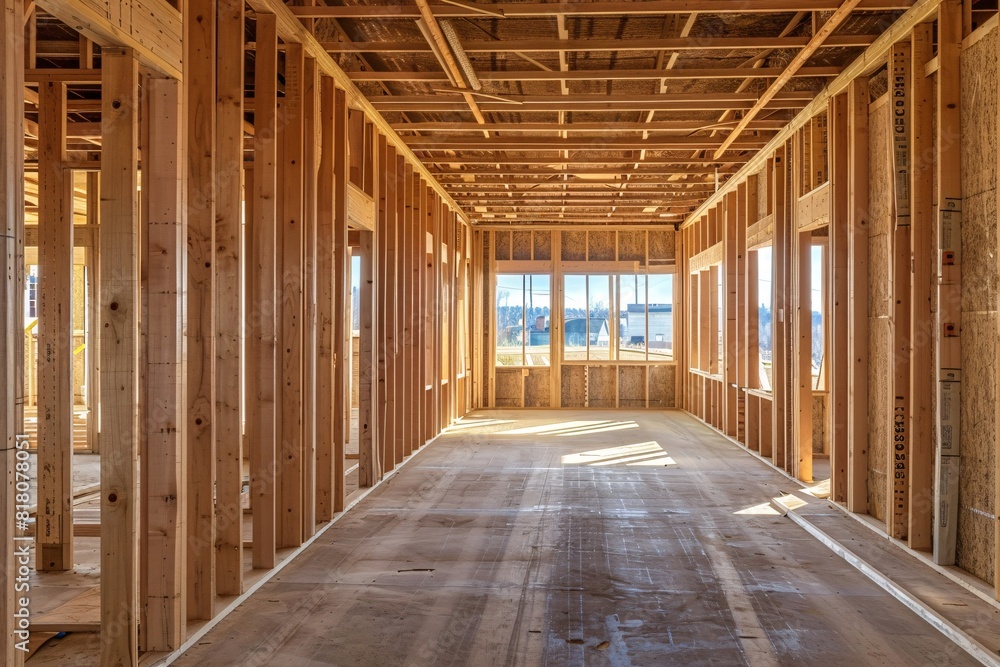 Wooden frame of a house being built at a construction site Wooden frame of a house being built at a construction site