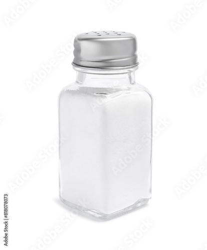 Natural salt in glass shaker isolated on white