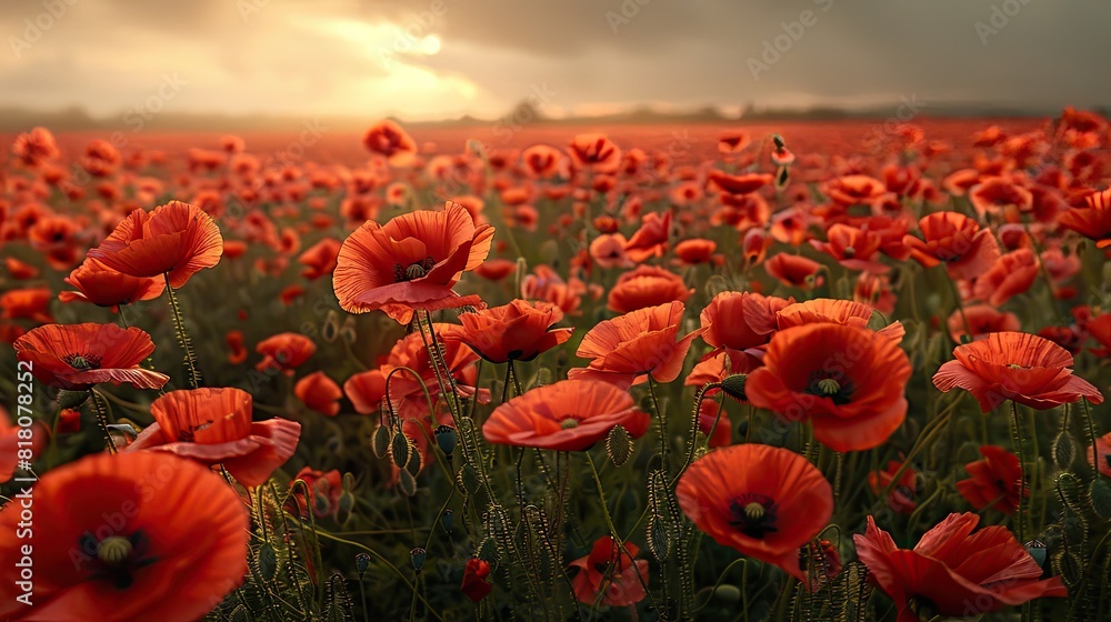 Obraz premium A field of vibrant red poppies swaying gently in the wind.