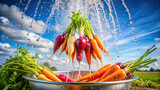 Fresh carrots and radishes being washed in a basin of water, with droplets splashing against the backdrop of a serene sky 