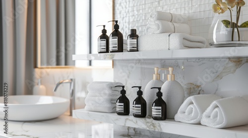Modern bathroom shelves are neatly arranged with towels and toiletries over a marble countertop, a basin and orchid plant add to the luxurious feel of the space.