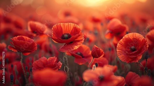 A field of vibrant red poppies swaying gently in the wind.