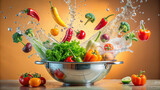 Fresh vegetables falling into a basin of water, causing playful splashes against a pastel-toned background