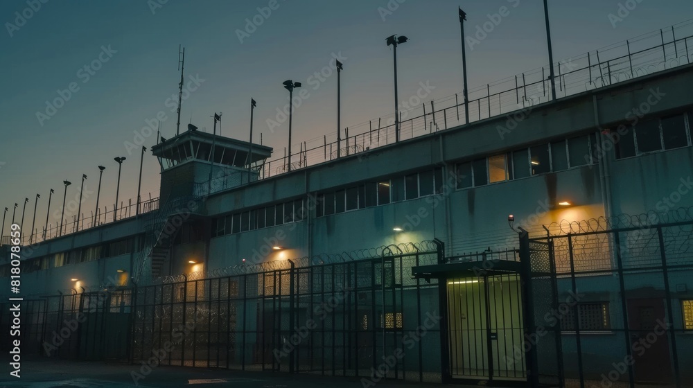 The facade of a prison with tall fences and security measures, taken in a wide shot at dusk