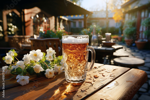 Close-up of beer glass standing on the table of the street terrace of a bayern pub. photo