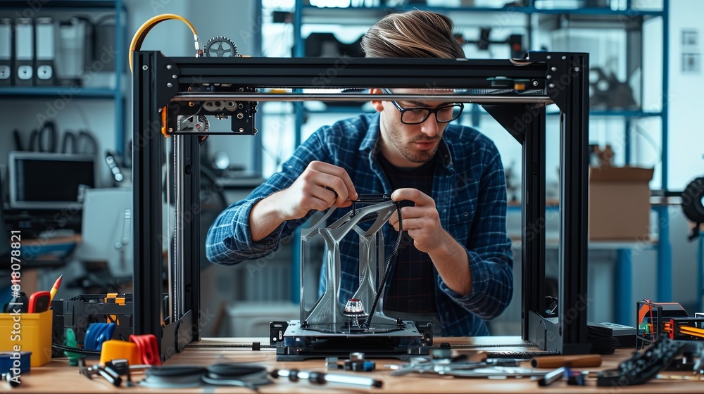 Person removing a finished product from a 3D printer, examining the object closely for quality and detail Person removing a finished product from a 3D printer, examining the object closely for quality and detail