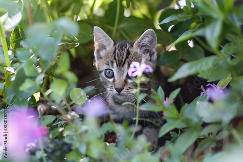  a tiny kitten exploring a garden for the first time