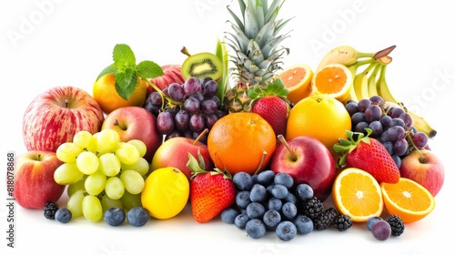 A variety of fruits are arranged together on a white background.