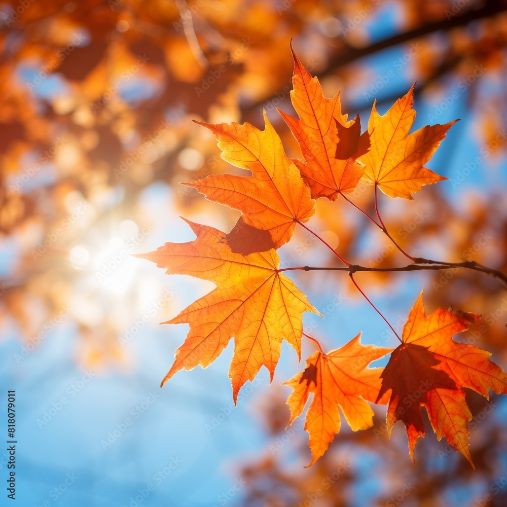 Red maple leaves in autumn on the background of blue sky and sun. Red maple leaves in autumn on the background of blue sky and sun.