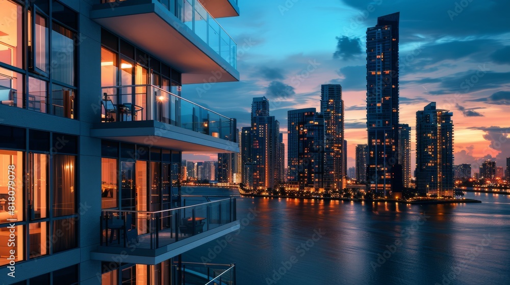 View of realistic photo of A modern apartment building in an urban environment ...