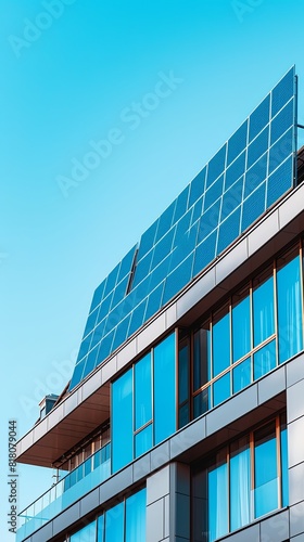Modern building with sleek  blue solar panels installed on its flat rooftop  set against a clear sky
