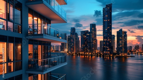 realistic photo of A modern apartment building in an urban environment, photographed in daylight and with city lights at night