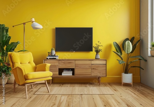 modern interior design of yellow living room with tv on cabinet and armchair, wall mock up photo