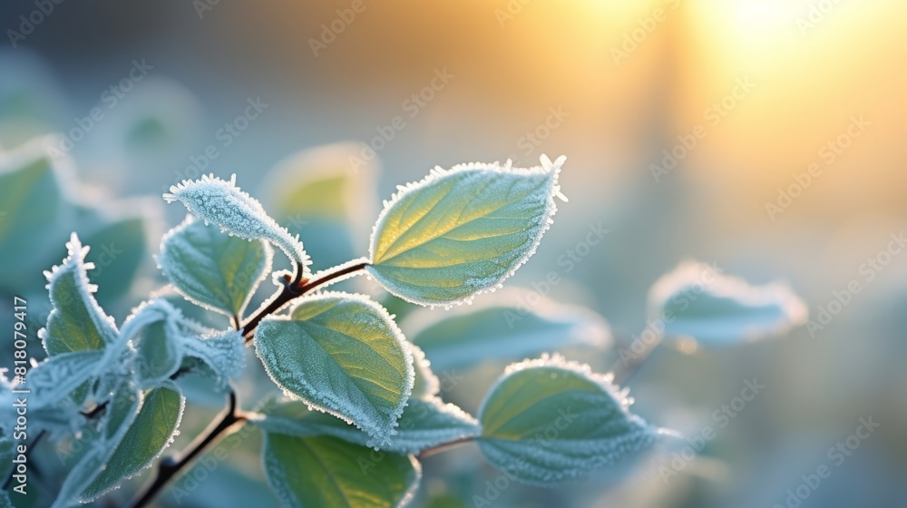 Fototapeta premium Close-up of leaves covered with frost in the morning sun.