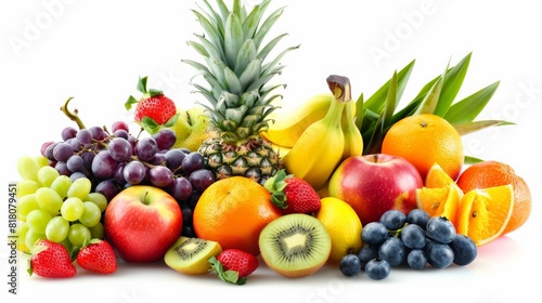 A variety of fruits are arranged together on a white background.