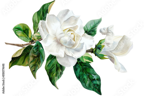 A single white gardenia in full bloom  isolated on a white background